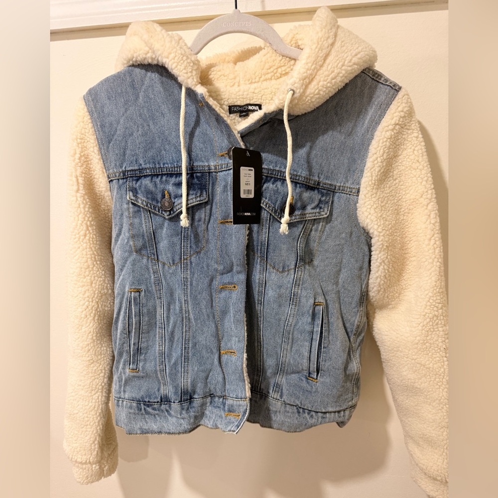 Fashion Nova Light Blue Denim Jacket with Cream Hood